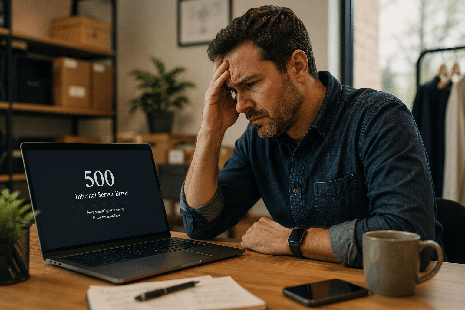 WordPress 500 Internal Server Error: What It Means and How to Fix It 2 - frustrated business owner laptop error your wp guy frustrated business owner laptop error your wp guy - WordPress 500 Internal Server Error: What It Means and How to Fix It - Problem Solving
